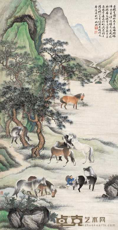 殷梓湘 庚辰（1940年）作 八骏图 轴 112×57cm